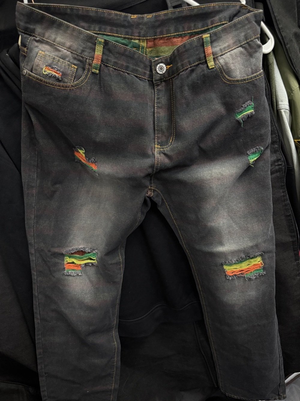 Men's Distressed Black Jeans with Colorful Patch Details size 38
